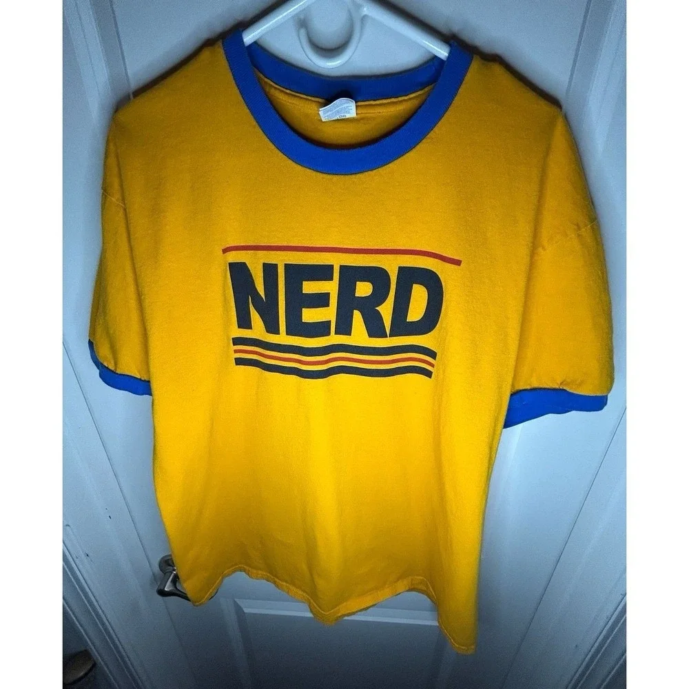 Nerd Graphic Yellow Ringer T-Shirt‎ Sz Mens XL